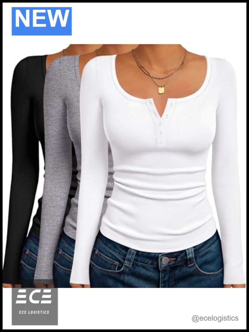Women's Long Sleeve Henley Tops 3 Pack Button Front Fall Shirts